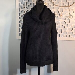 DKNY Jeans Cowl Neck Sweater Womens M black Blue Chunky Knit Mohair Blend Cozy